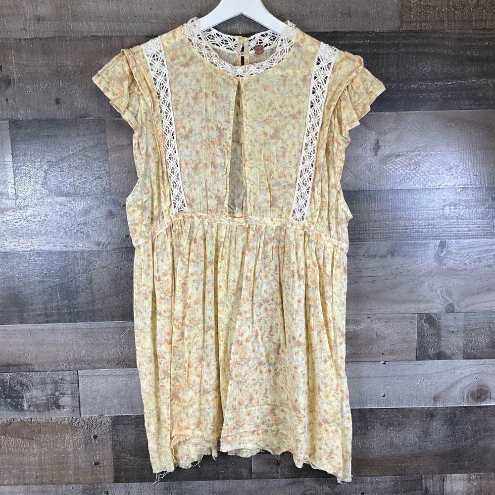 Free People Womens Size Large Eva Babydoll Mini Dress Yellow Floral Tunic